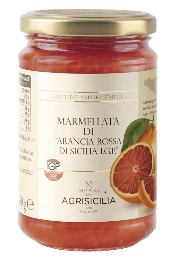 Deliziosa marmellata artigianale di arancia rossa di Sicilia, prodotto di alta qualità e freschezza.