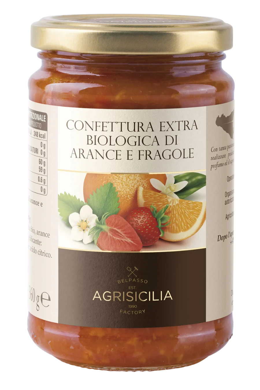 jar of organic extra orange jam with strawberries