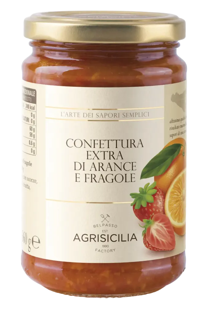 Agrisicilia extra orange and strawberry jam, with an excellent and balanced flavour between the sweet and sour of oranges
