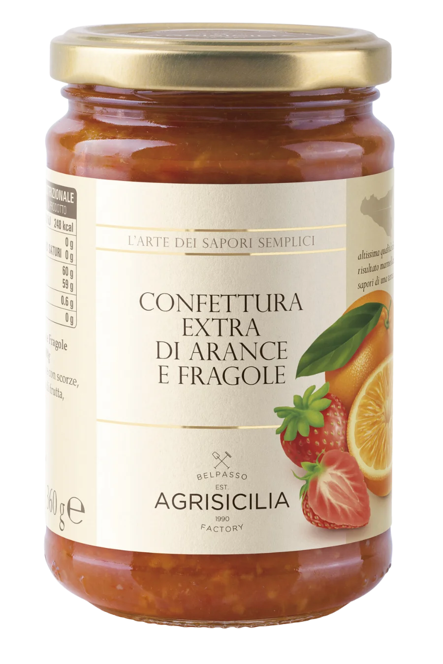 Agrisicilia extra orange and strawberry jam, with an excellent and balanced flavour between the sweet and sour of oranges