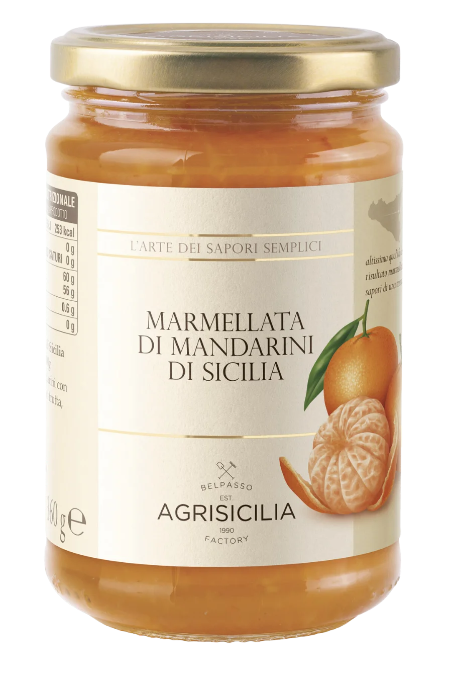 Glass jar with delicious Sicilian mandarin marmalade, made from fresh, high-quality fruit.